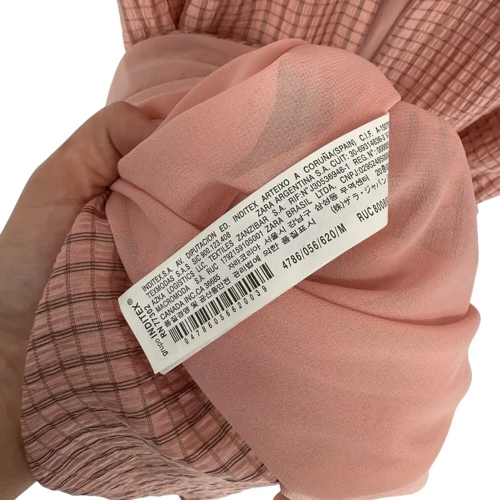 Zara Maxi Dress Micro Plaid Light Pink Puff Sleeve Milk Maid M Boho Tradwife